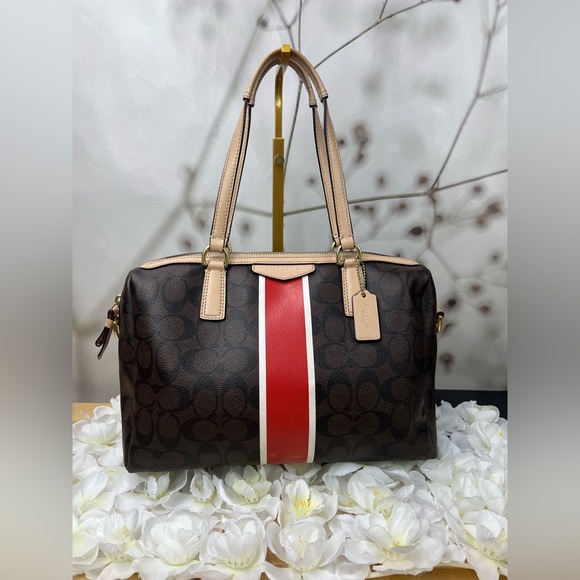 Coach Handbags - Coach Signature Stripe Red and White Center Stripe Nancy Satchel